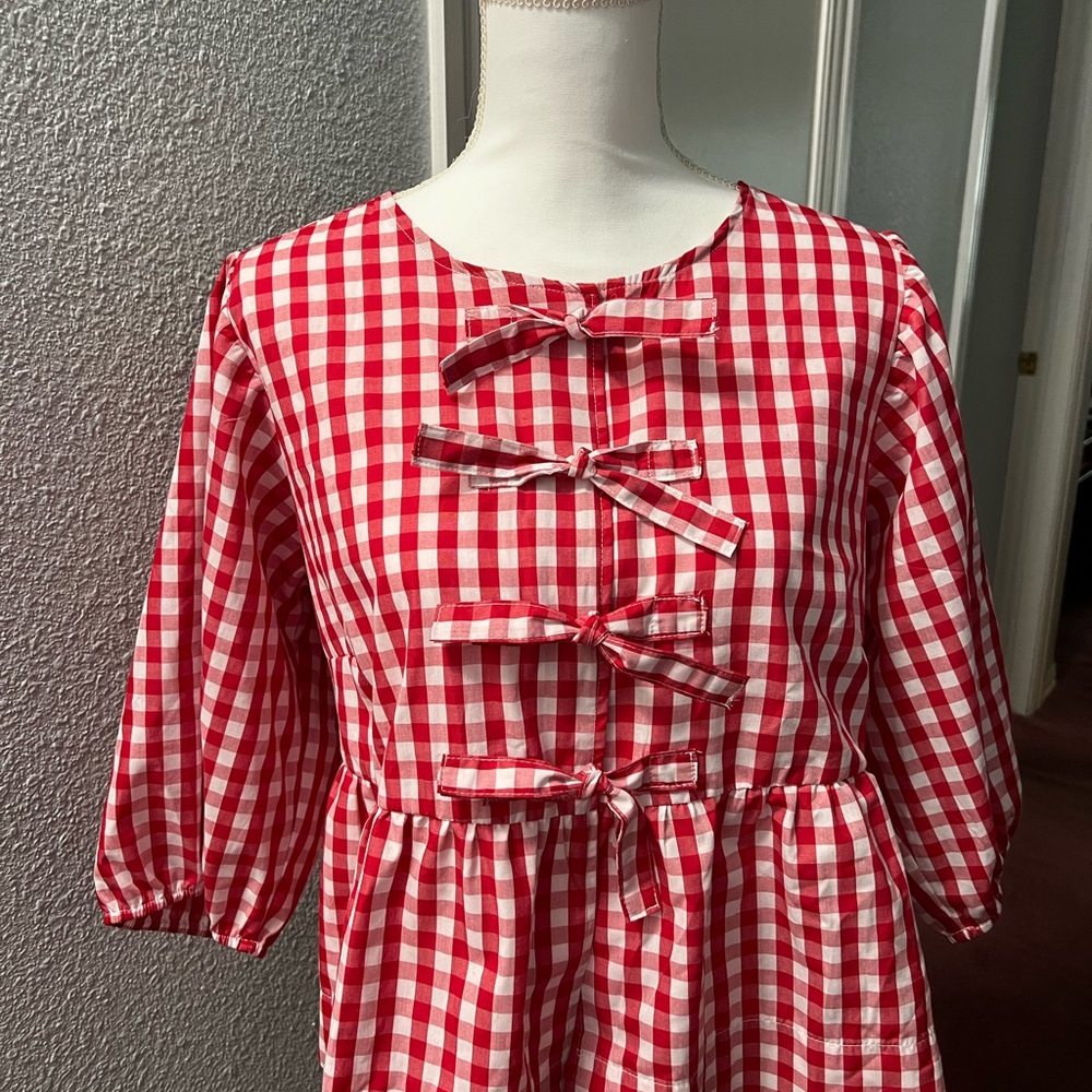 Red and White Gingham Blouse with Bows